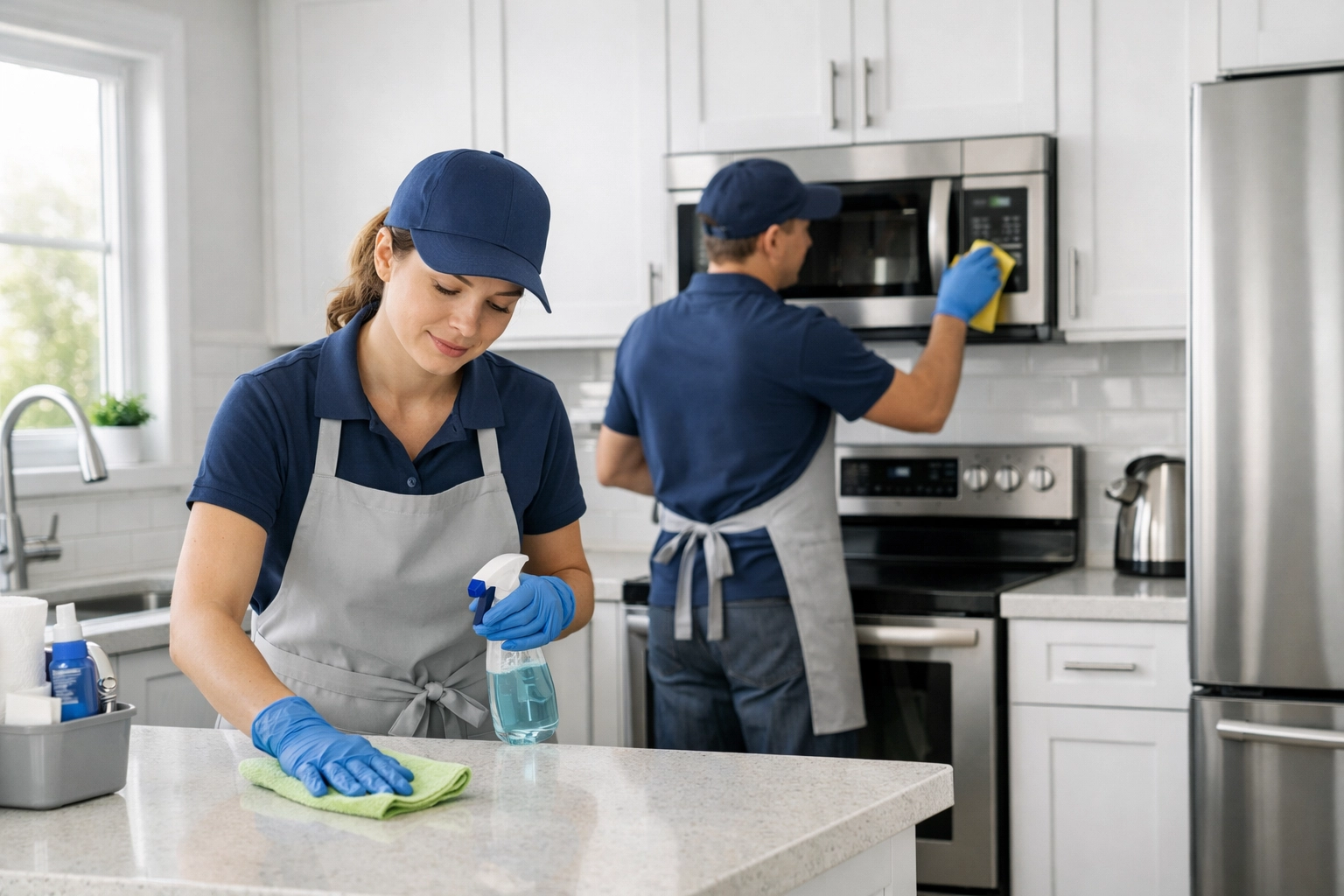 Professional cleaning crew performing make-ready cleaning in apartment kitchen