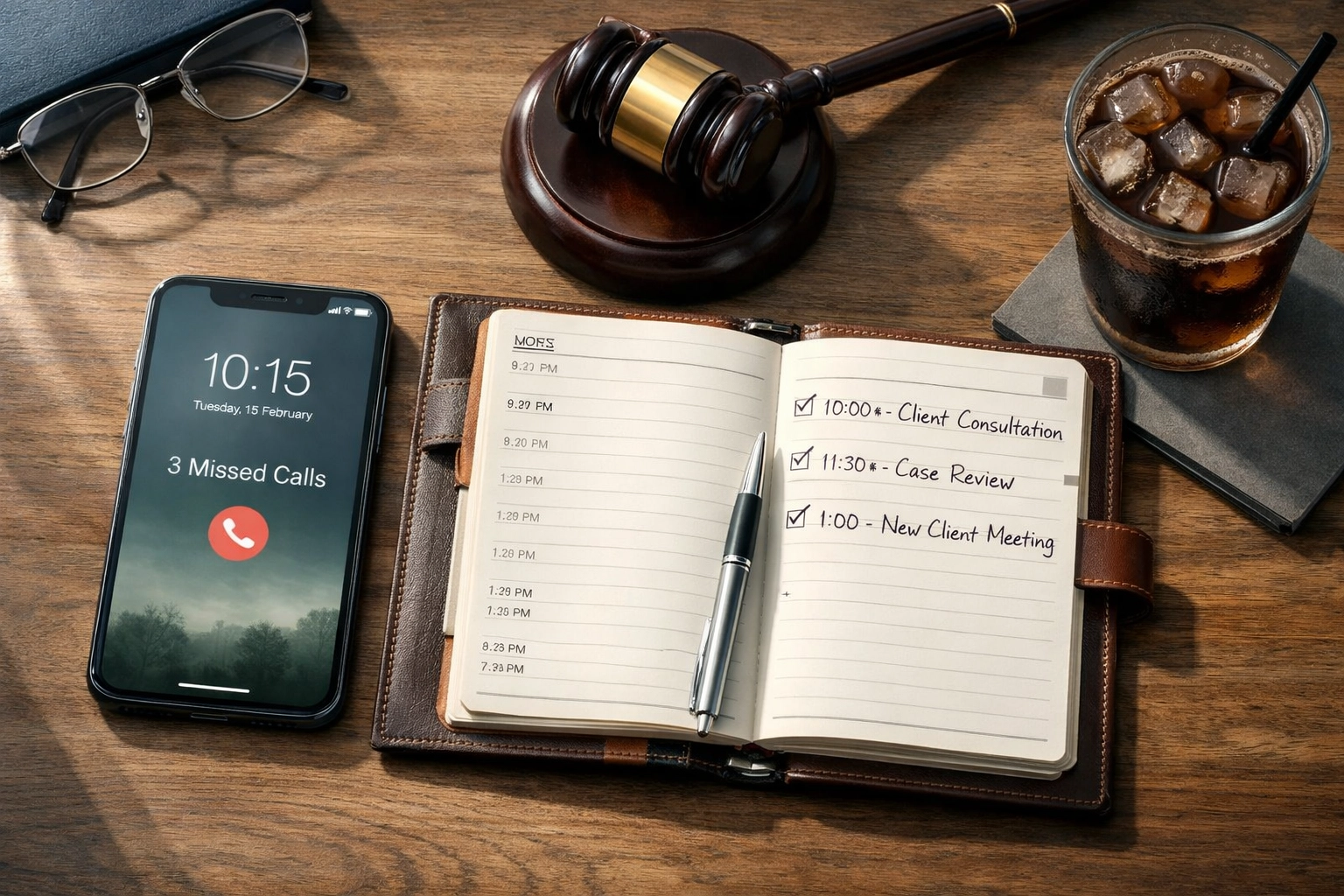 Law firm desk with smartphone showing three missed calls from potential divorce clients