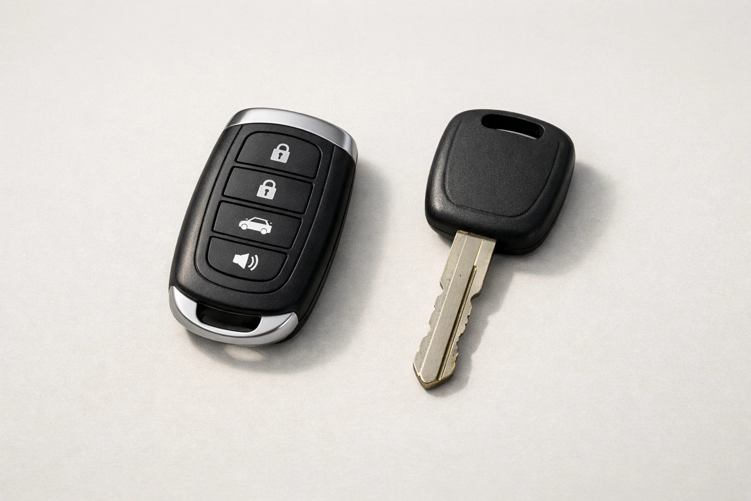 Modern car key fob and transponder key on a neutral surface, clean and minimal.