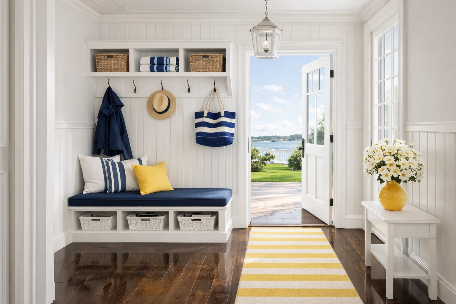 A perfectly clean Hingham home entryway with gleaming floors maintained by The Cleaning Ninjas.