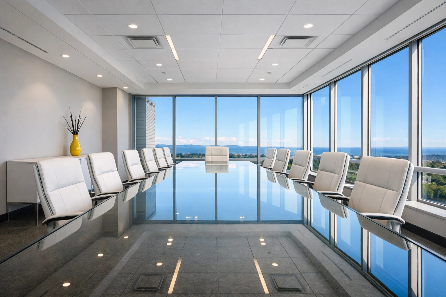 Spotless Burlington conference room with a polished glass table from regular office cleaning in Burlington.