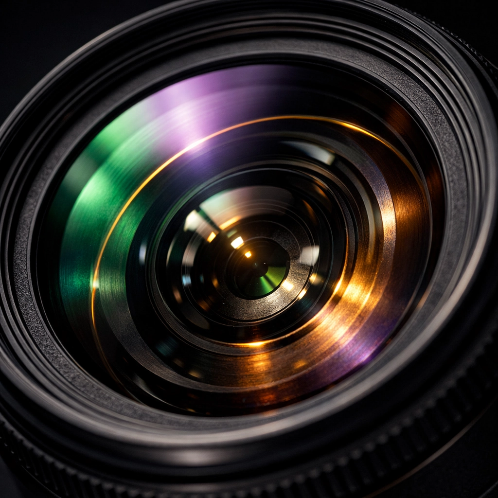 Close-up macro shot of professional camera lens glass showcasing advanced optical coatings and colorful reflections.