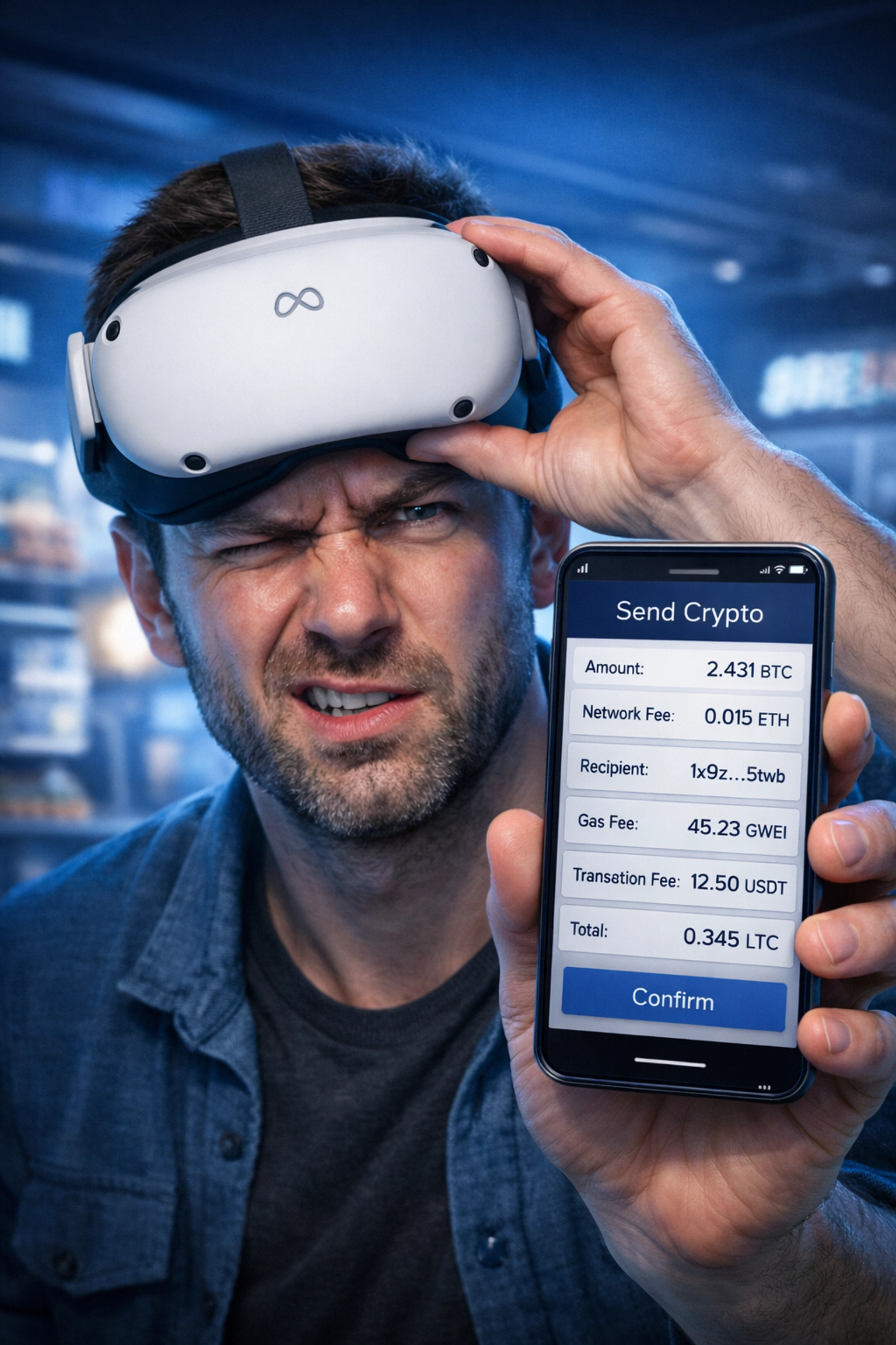 Frustrated VR shopper removing Meta Quest headset to process crypto payment on smartphone