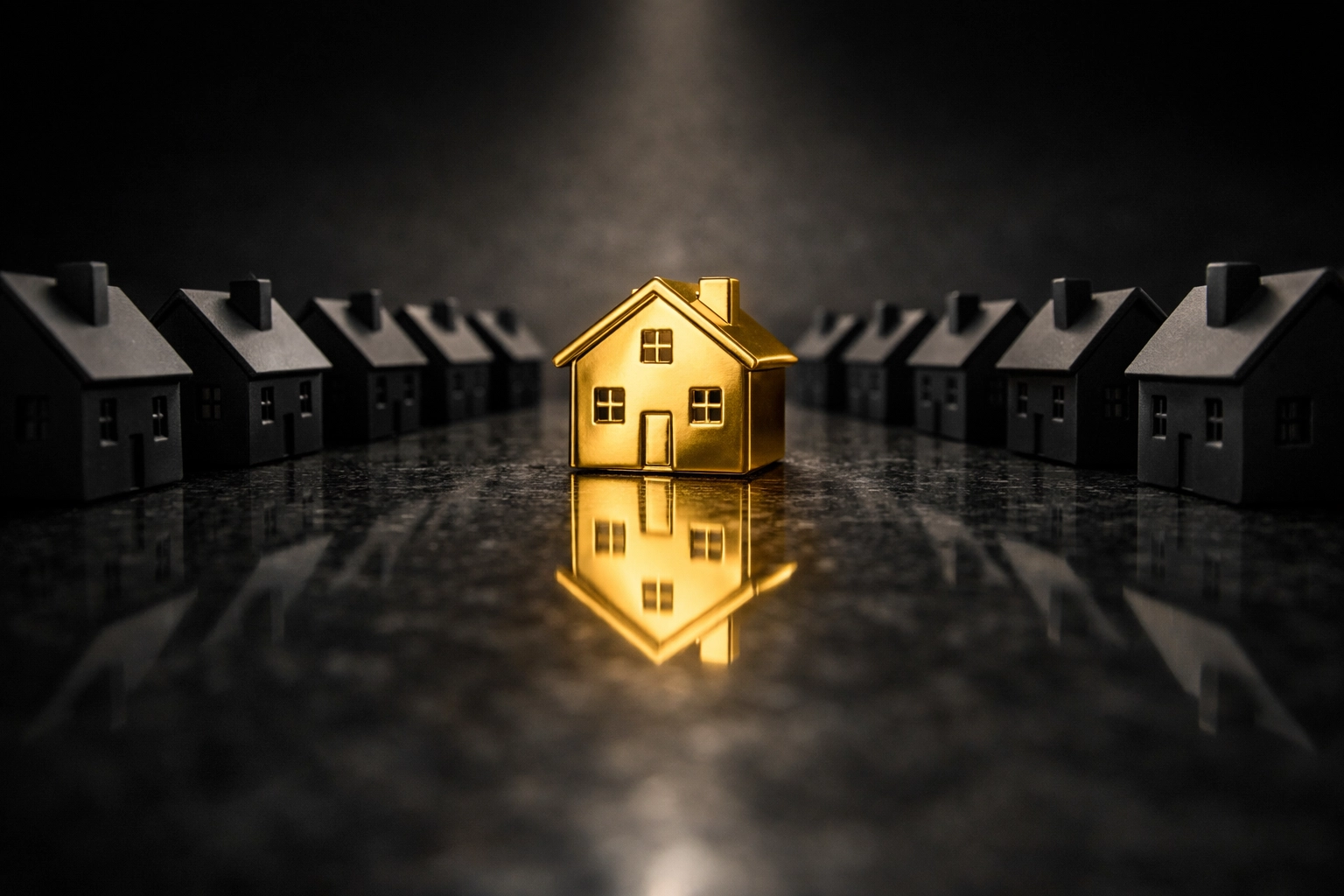 A polished brass house silhouette among black ones highlighting high-margin property doors and portfolio quality.