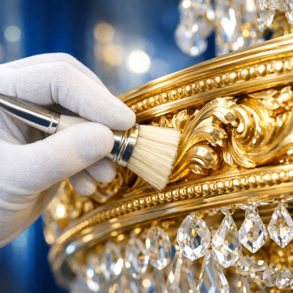 Detailed dusting of high-end moldings in a Southborough custom home showing professional cleaning standards.