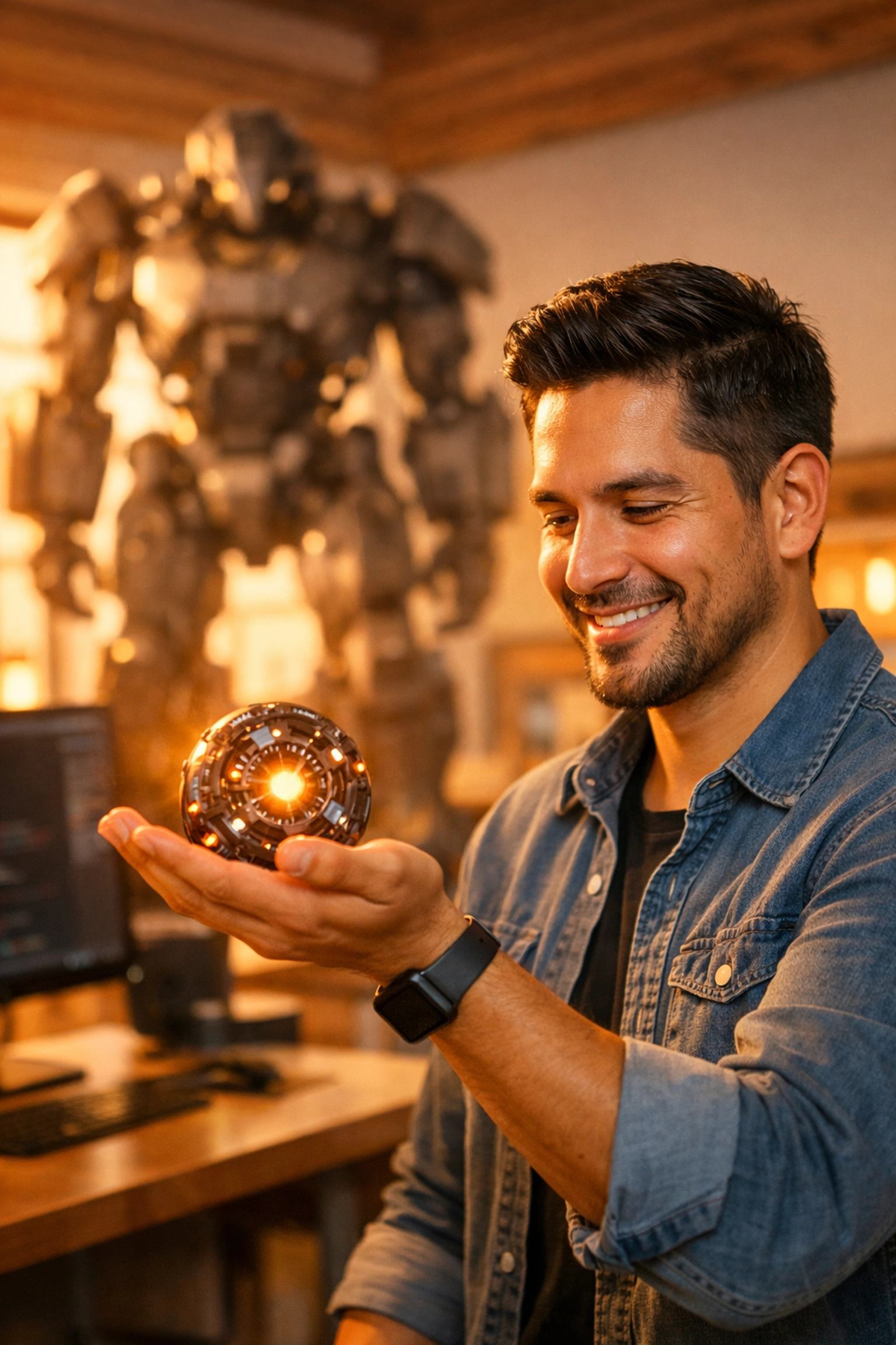 Latino developer holding a small glowing orb representing efficient, focused AI models.