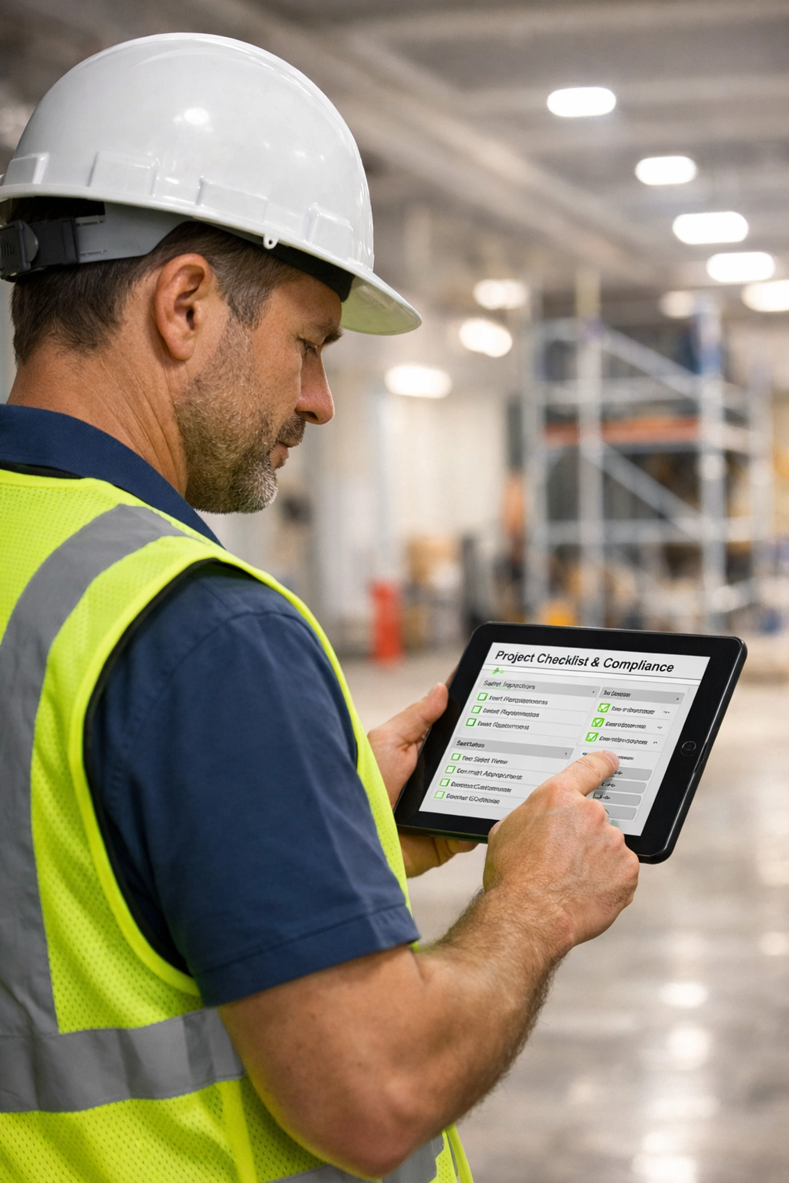 Painting contractor reviewing safety documentation on a digital tablet at a commercial job site.