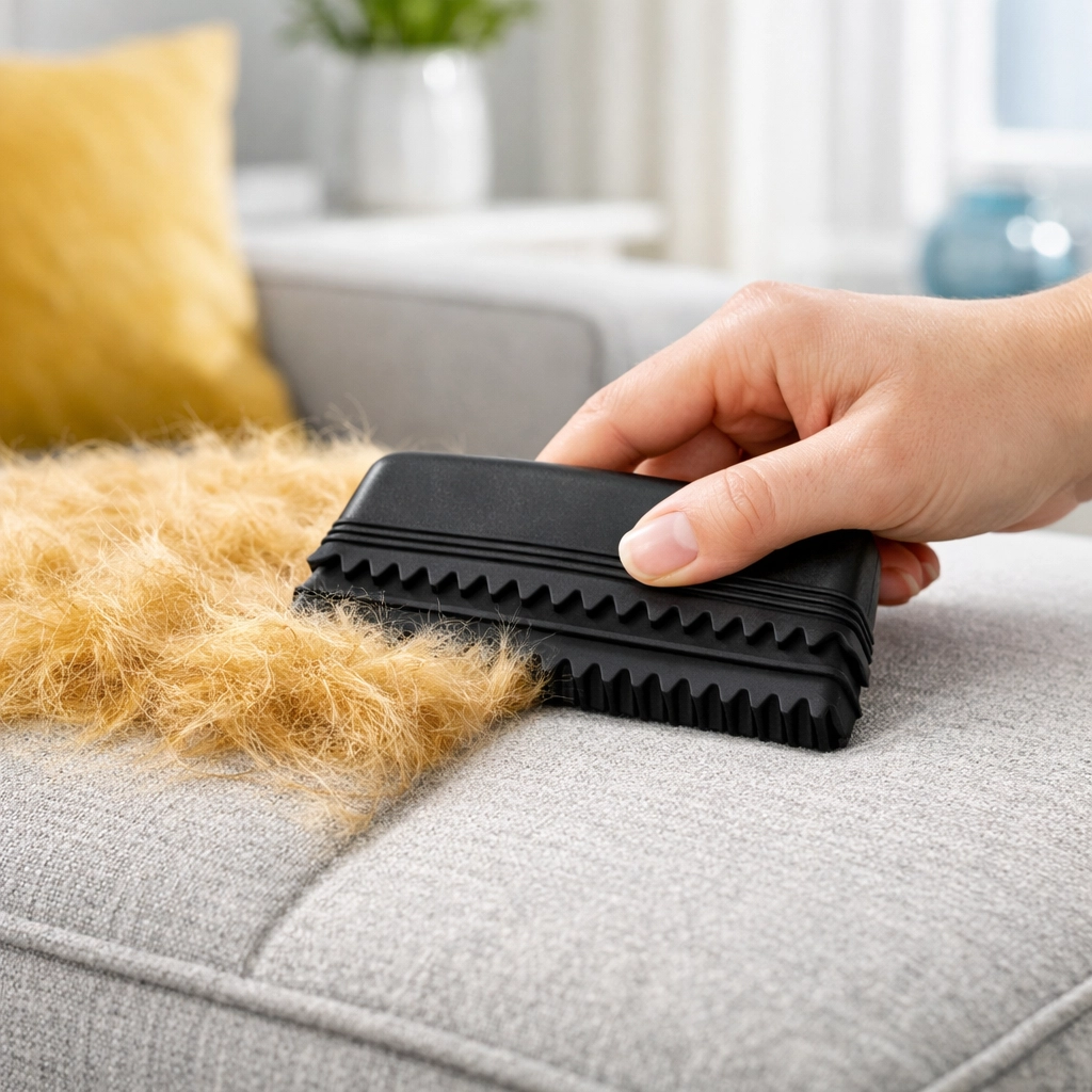 Using a rubber pet hair removal tool to lift golden fur from a modern grey upholstered sofa cushion.