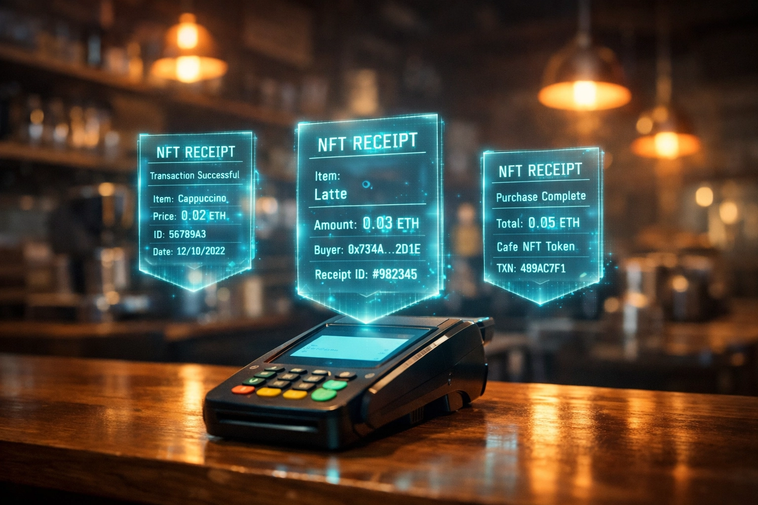 NFT receipt tokens displaying transaction data above a crypto POS system in a small business