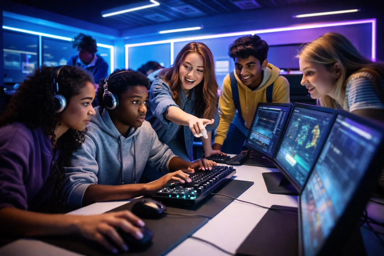 High school students work together at a modern esports lab, building skills and data literacy for future workforce pipelines.