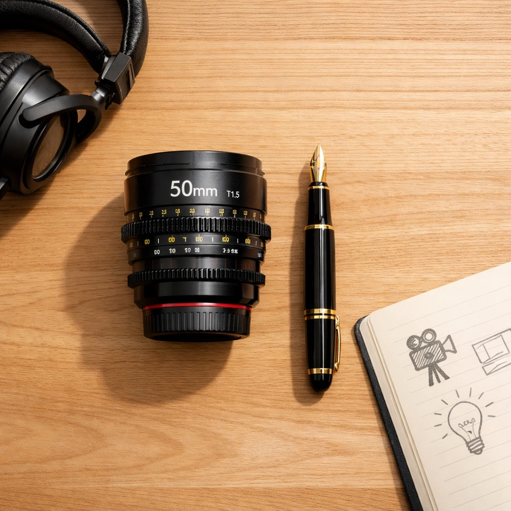 A professional flat-lay of a camera lens and fountain pen, highlighting the core pillars of blog and youtube.