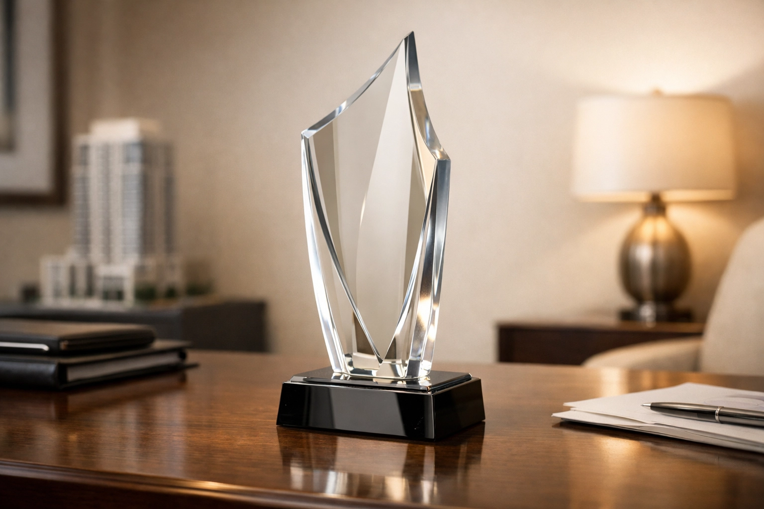 A glass award trophy displayed in a polished professional office to represent employee recognition, sponsorship, and marketing-related expenses in QuickBooks Online.