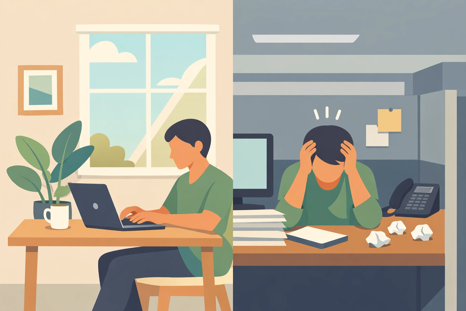Comparison of calm home office workspace versus stressful traditional office environment