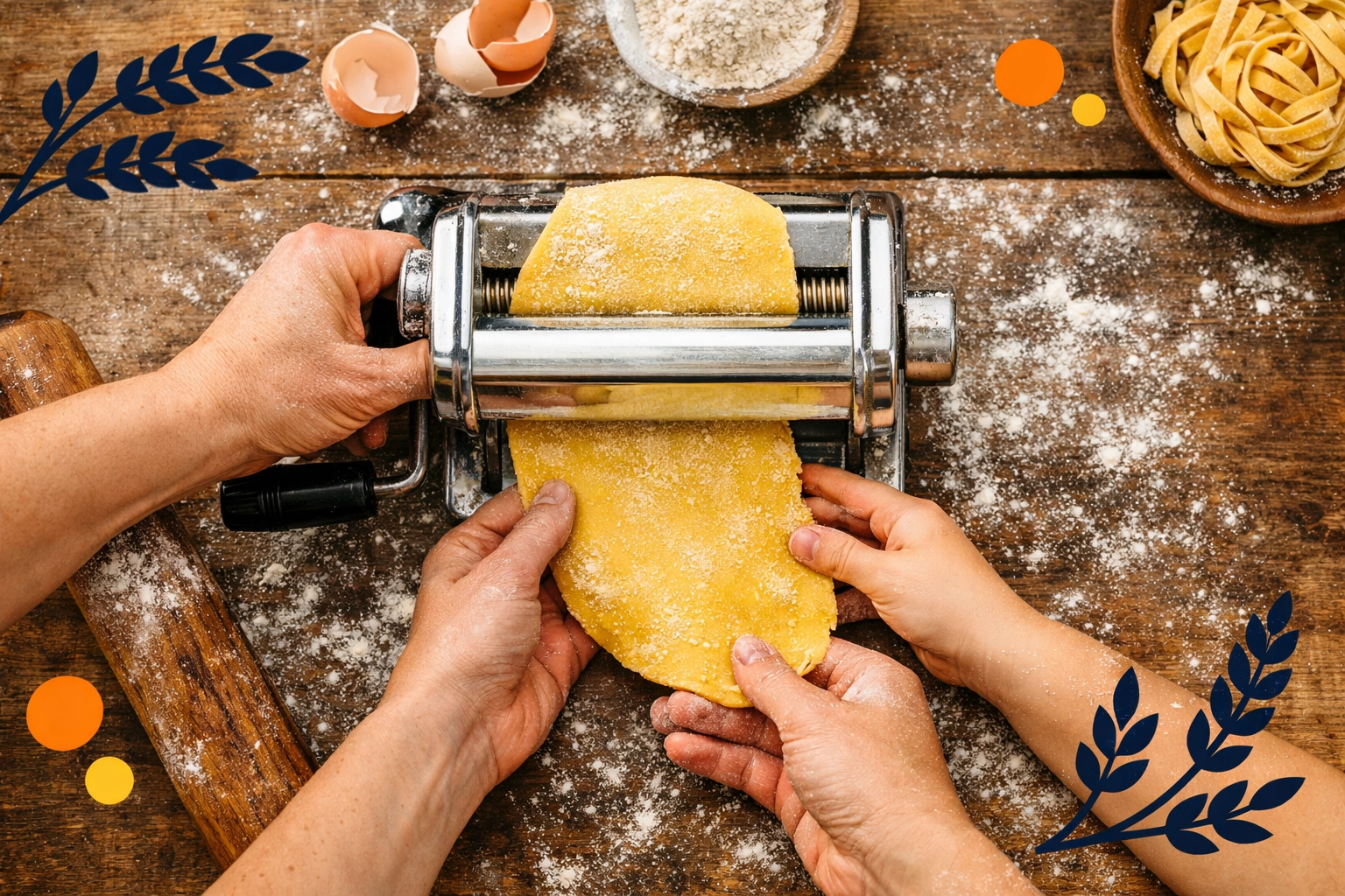 Hands using a shared pasta maker on a rustic table, illustrating the benefits of renting kitchen gear.