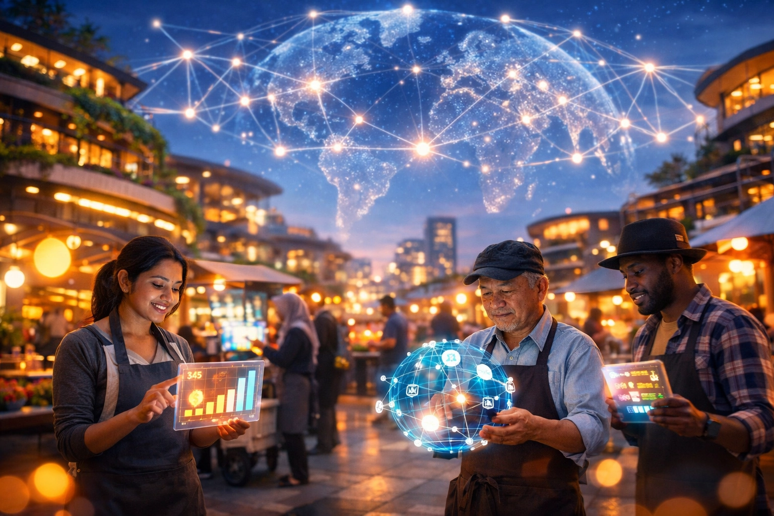 Diverse business owners using Web3 global payments in a modern bank-free economy.