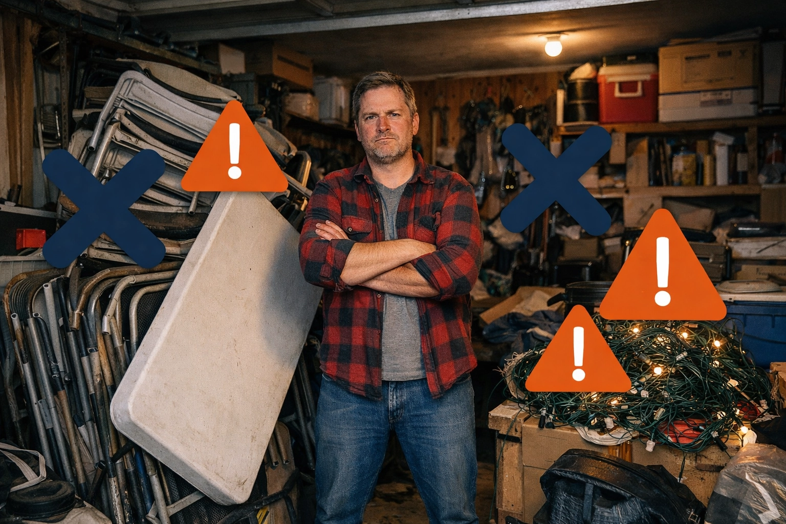 A frustrated homeowner in a Woburn garage filled with cluttered folding chairs and tables.