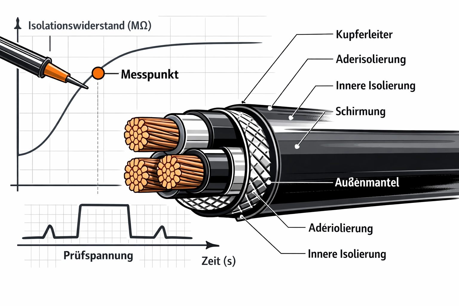 Prüfung des Isolationswiderstands am Stromkabel zur Vermeidung von Kabelbränden in Wien.