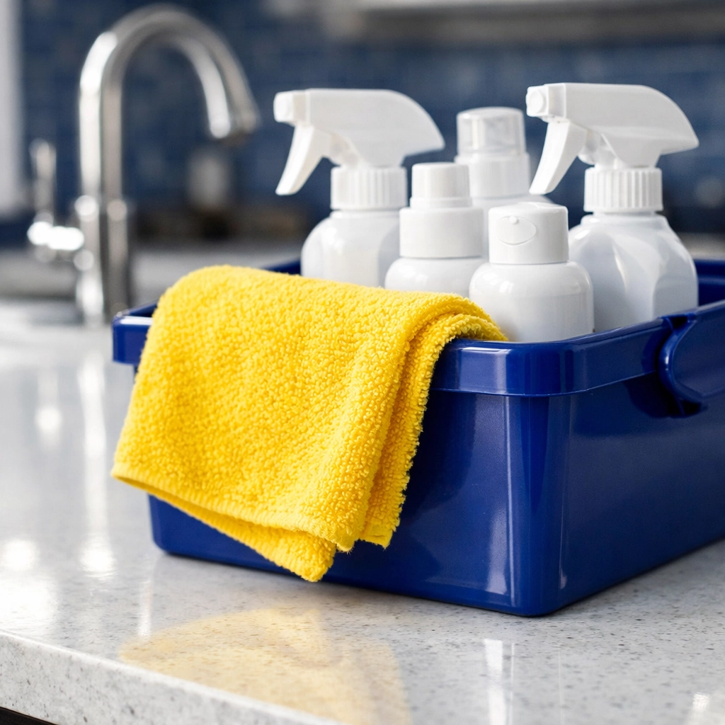 Close-up of a professional cleaning caddy and supplies on a sparkling clean kitchen counter.