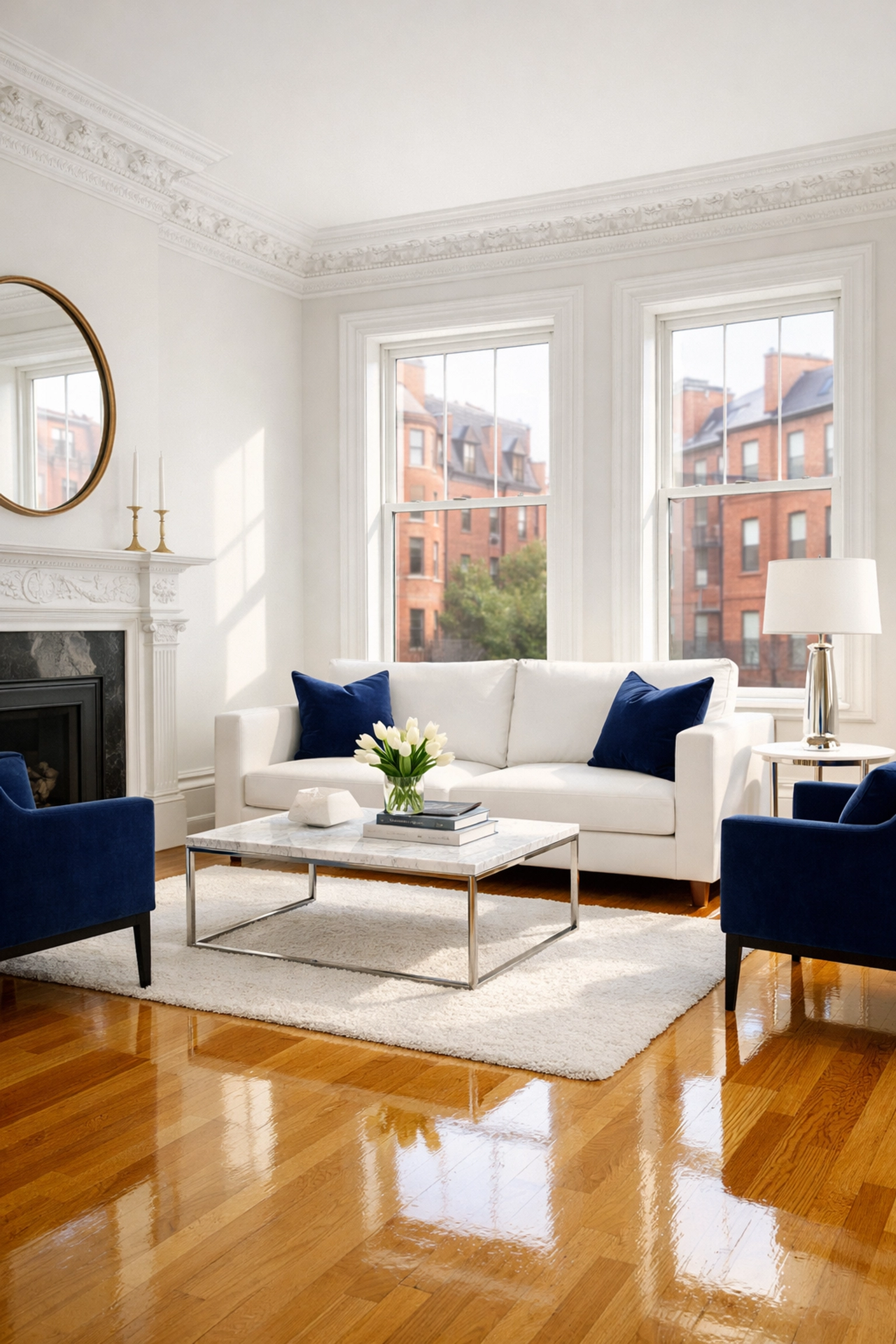 Spotless Boston brownstone living room after a professional Boston apartment move-in cleaning.