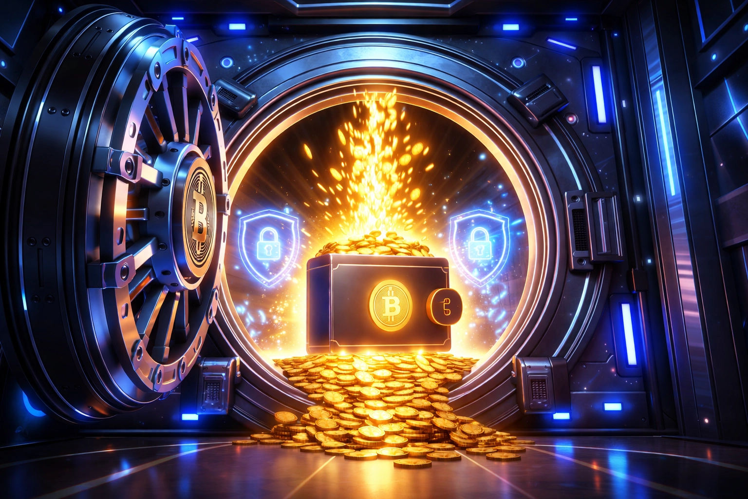 A vault unlocking to reveal a protected cryptocurrency wallet with digital coins, symbolizing secure self-custody payments.