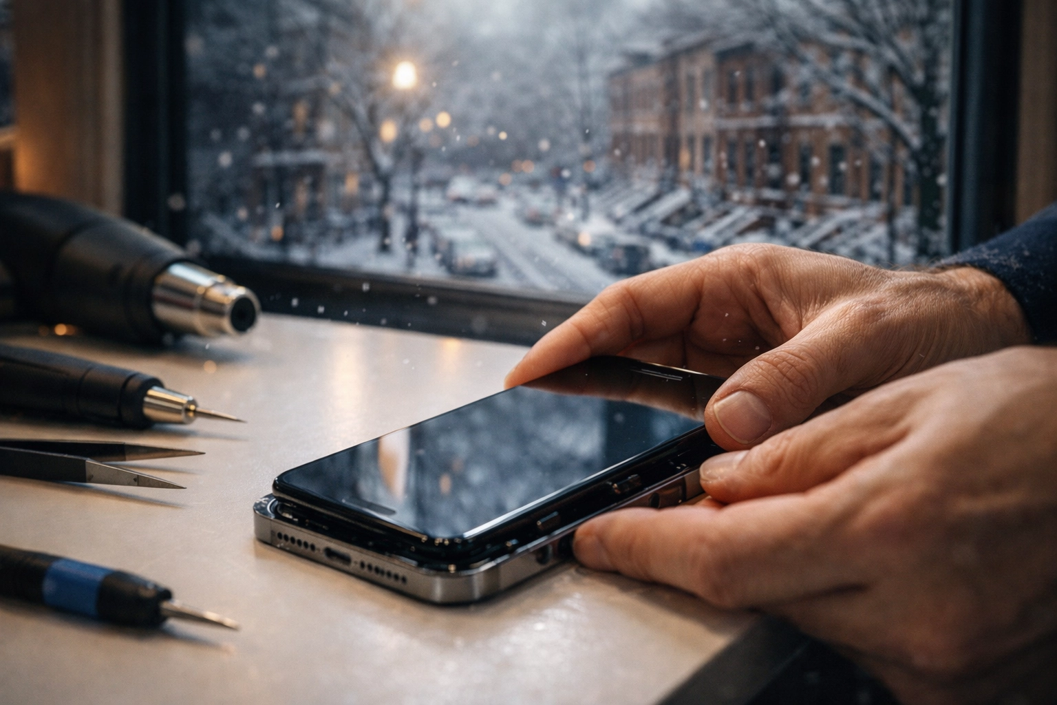 Expert hands installing new iPhone screen during professional repair in NYC