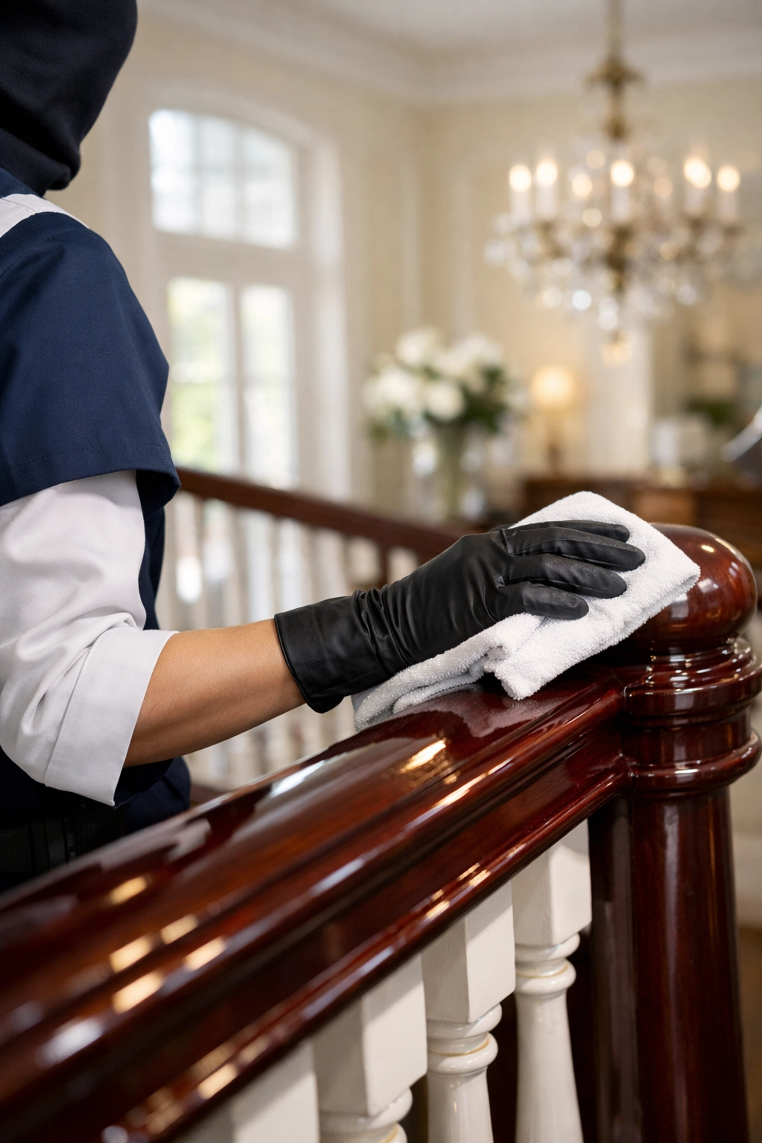 Professional cleaners in Newton MA detailing a mahogany staircase for a luxury residence.