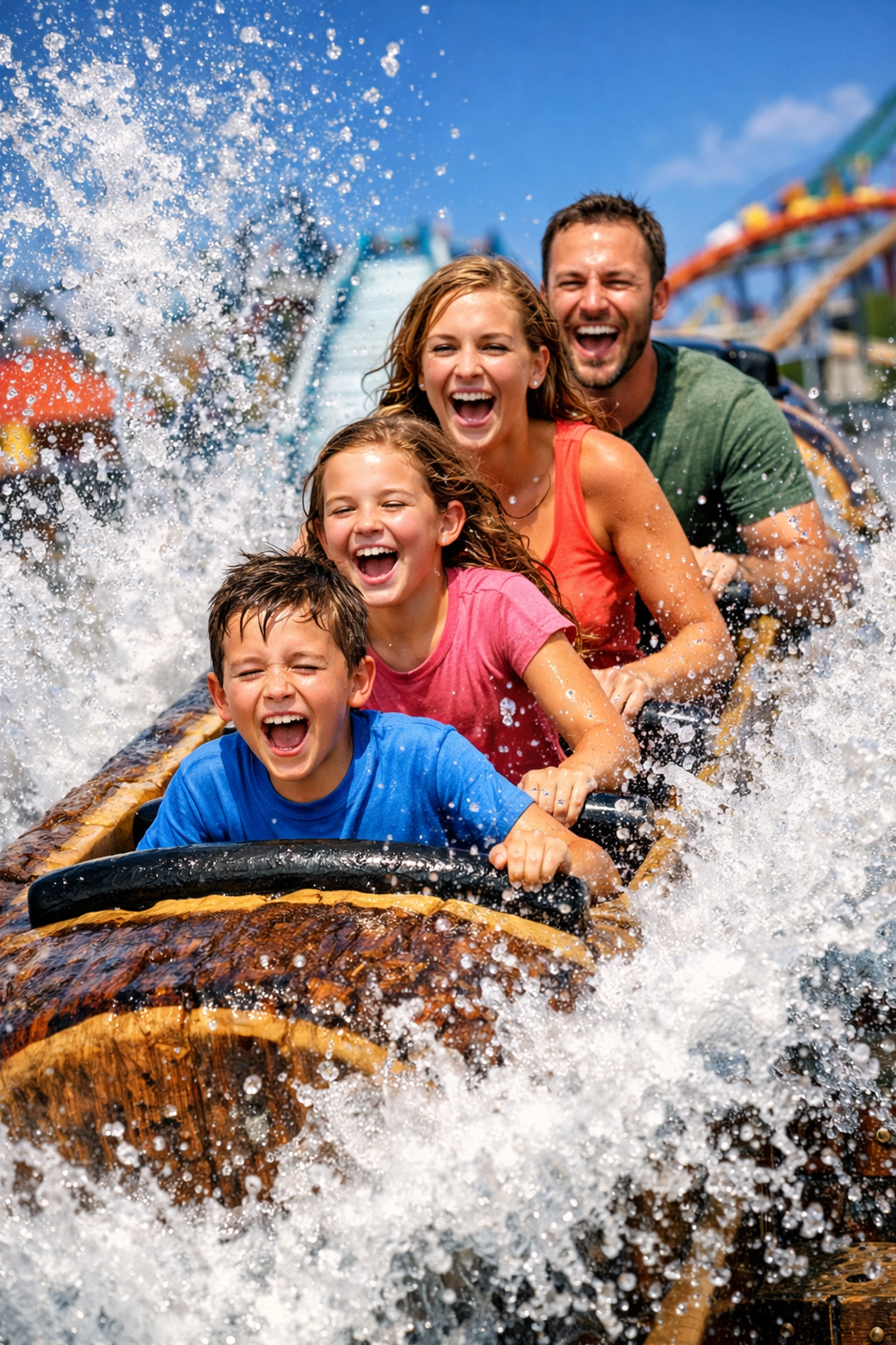 Family cheering on a log flume ride at an amusement park, a high-energy activity for traveling with kids.