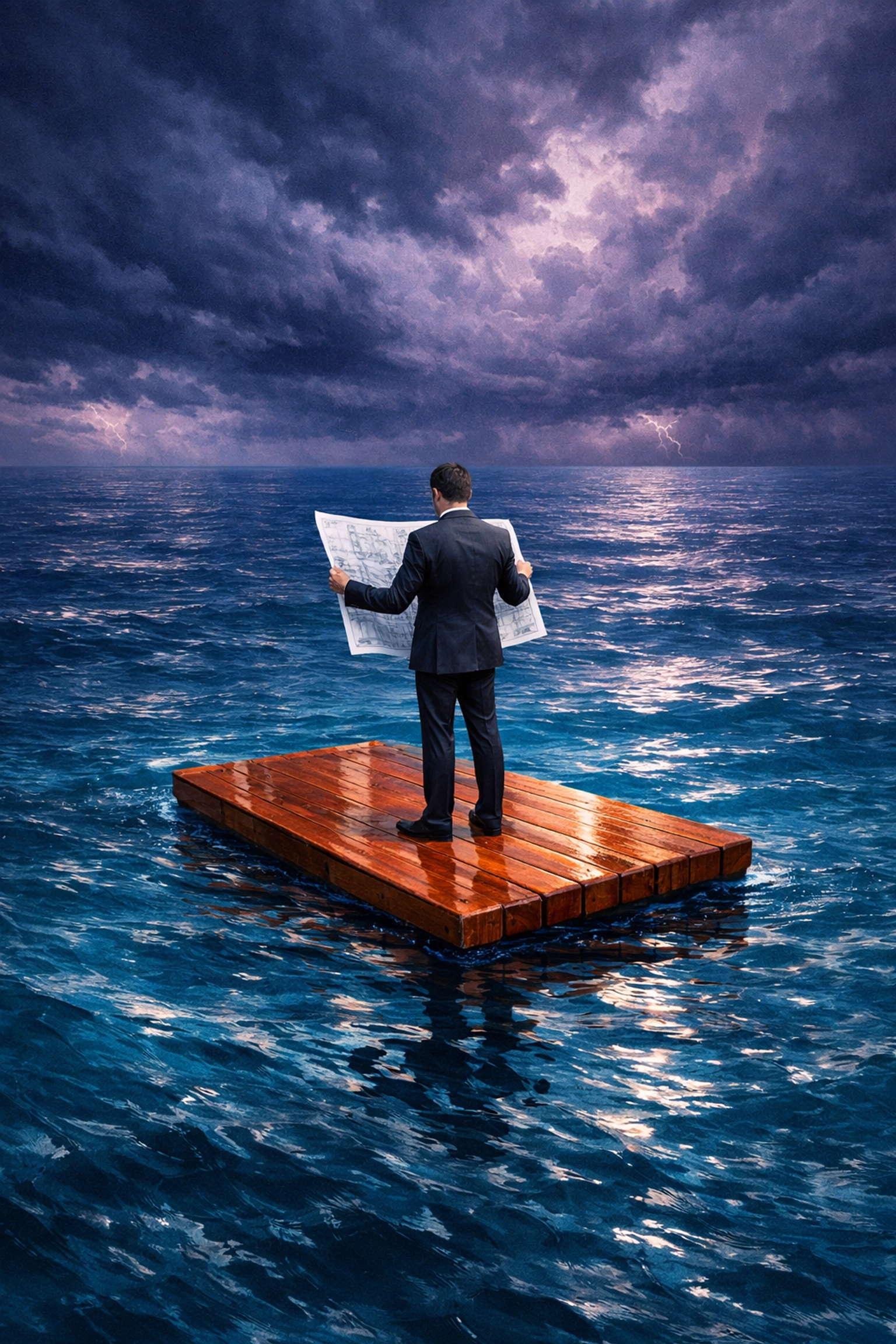 Founder on a raft in a vast ocean holding a blueprint without oars, symbolizing lack of support in delegation.