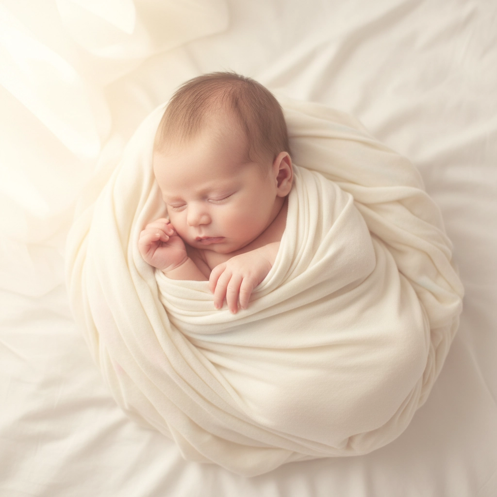 Peaceful newborn wrapped in a soft, creamy blanket, sleeping on a white bed. Warm, gentle light enhances the serene atmosphere.