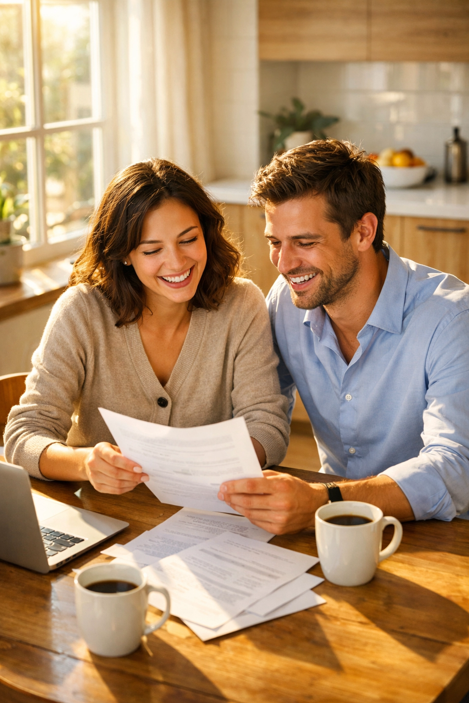 Young couple reviewing affordable life insurance options at home over coffee