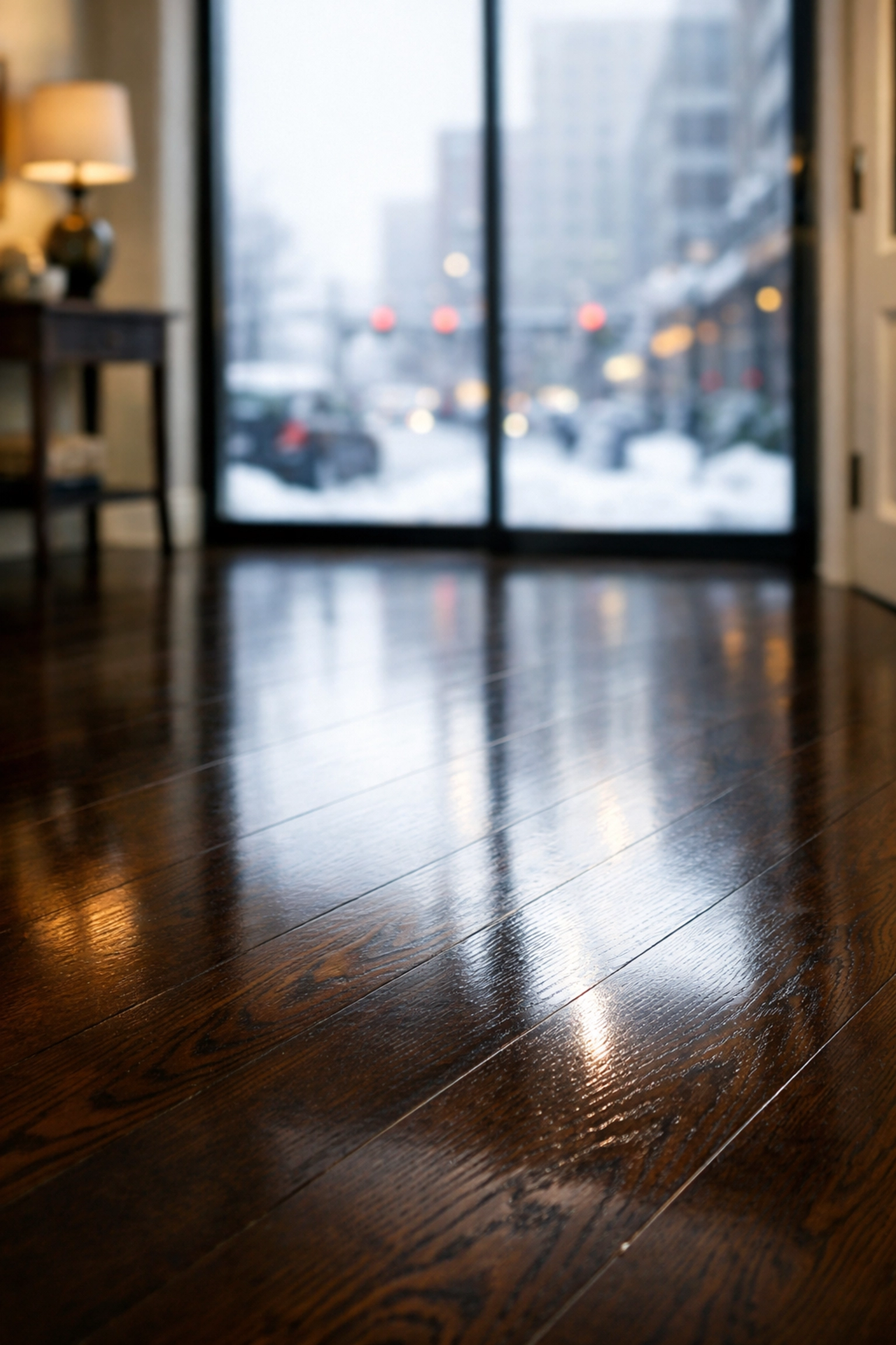 Professionally cleaned hardwood entryway in an Indianapolis luxury apartment showing successful salt removal.