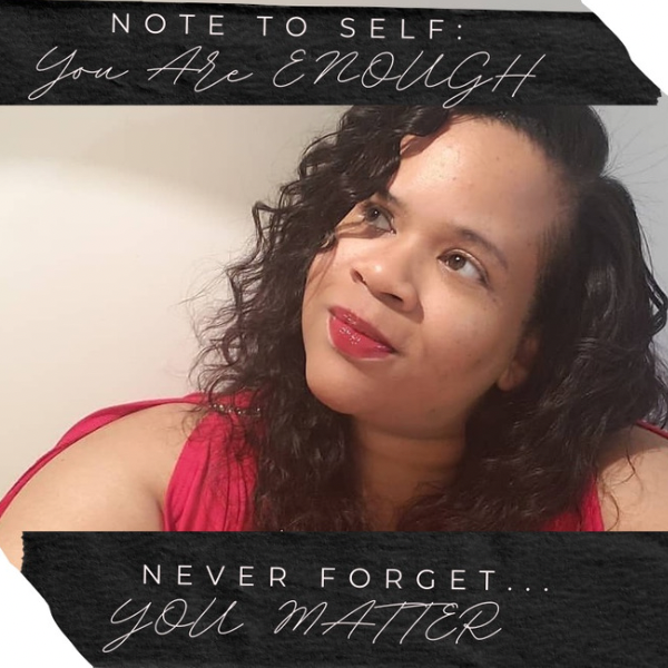 A woman in a red top with motivational text