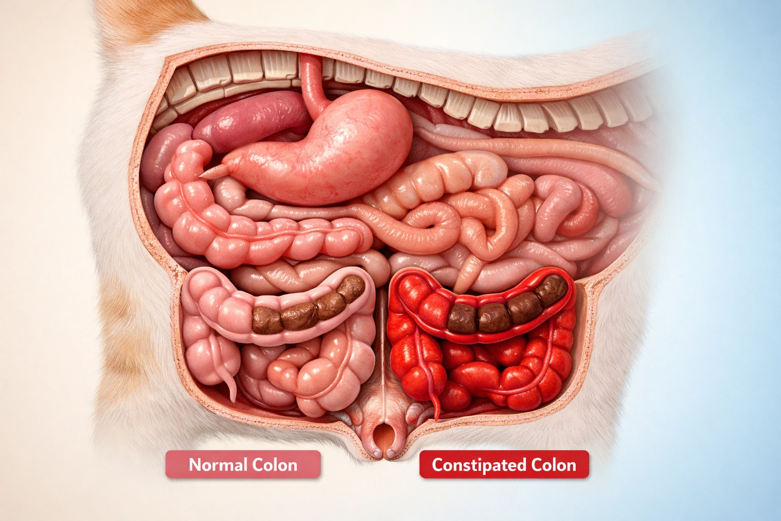 Cat digestive system showing colon affected by constipation and megacolon