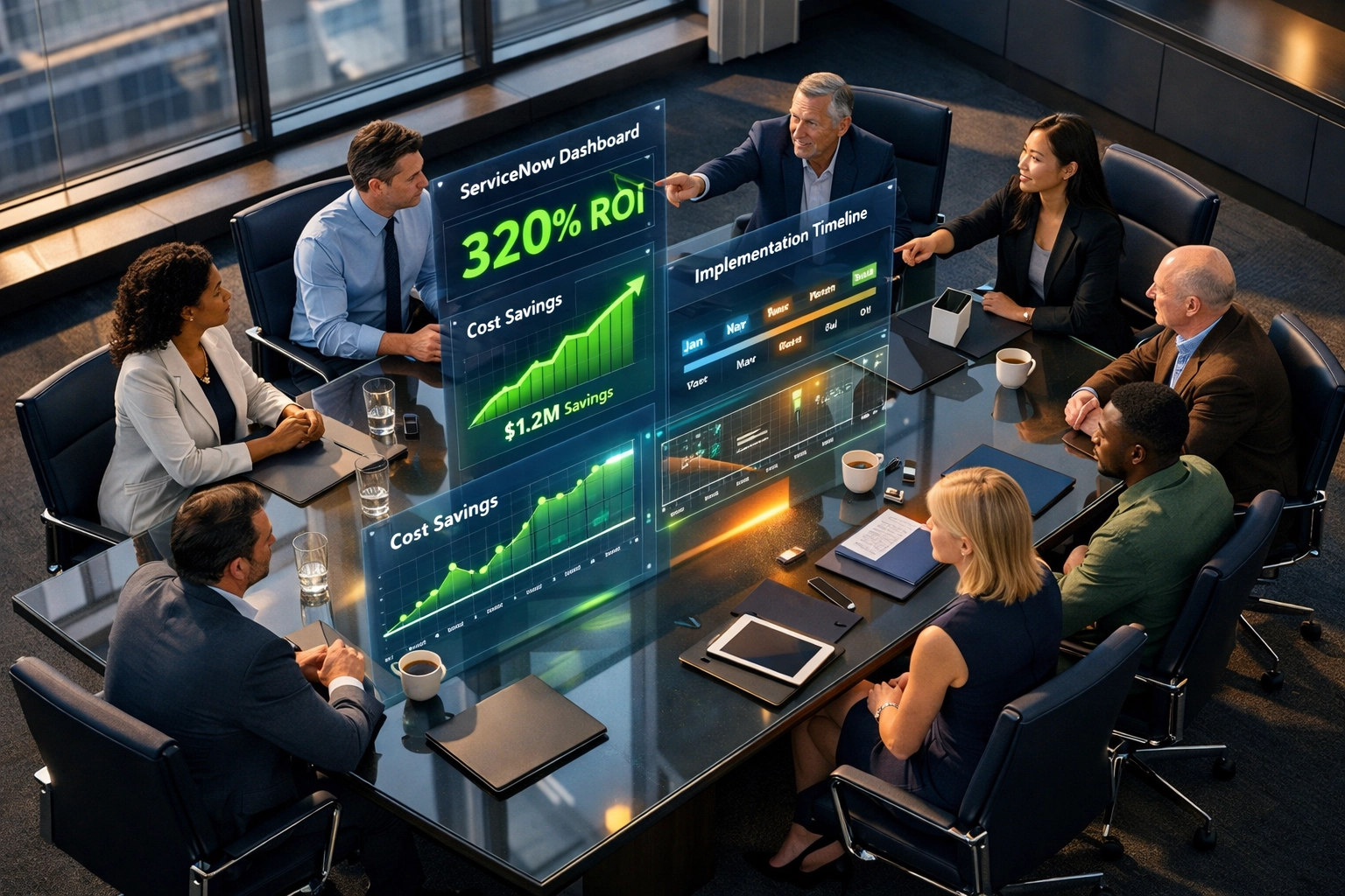 Business team reviewing ServiceNow ROI metrics and implementation dashboards in modern boardroom