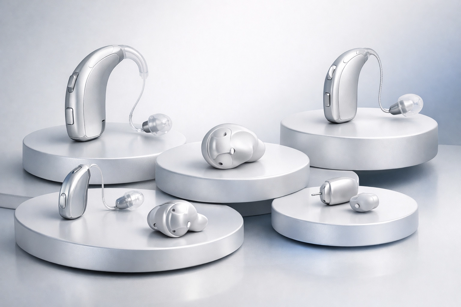 Pristine Hearing vs. The Big Chains: Why Personalized Care Wins Every Time Various modern hearing aid styles including BTE and RIC models for personalized hearing care.