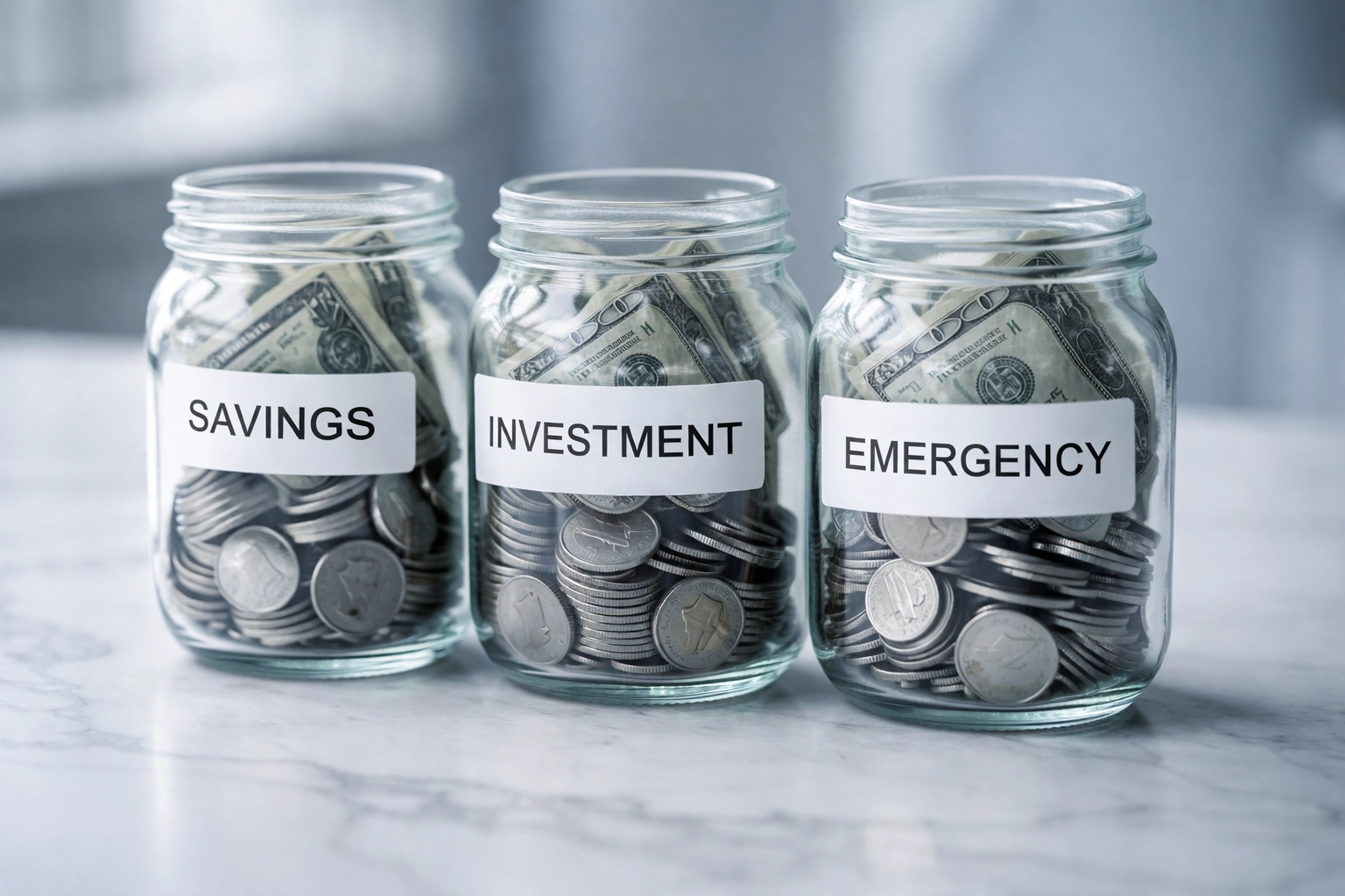 Three jars with coins representing operating, investing, and financing cash flow categories