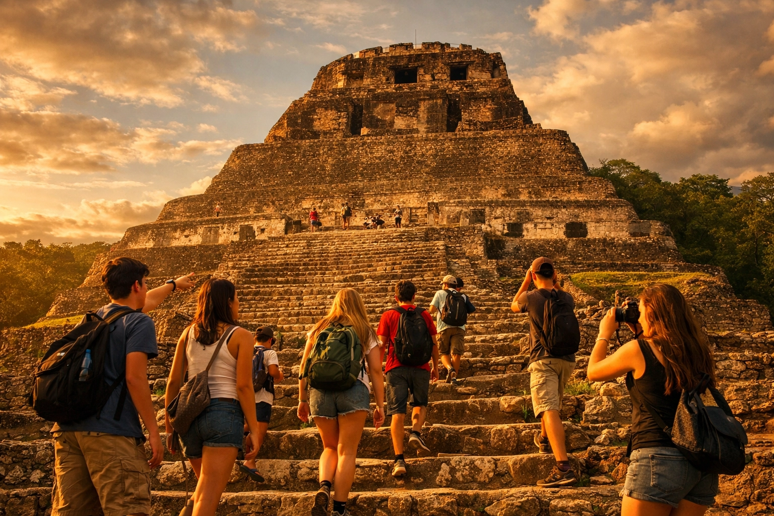 Students exploring Xunantunich Mayan pyramid ruins on school trip to Belize