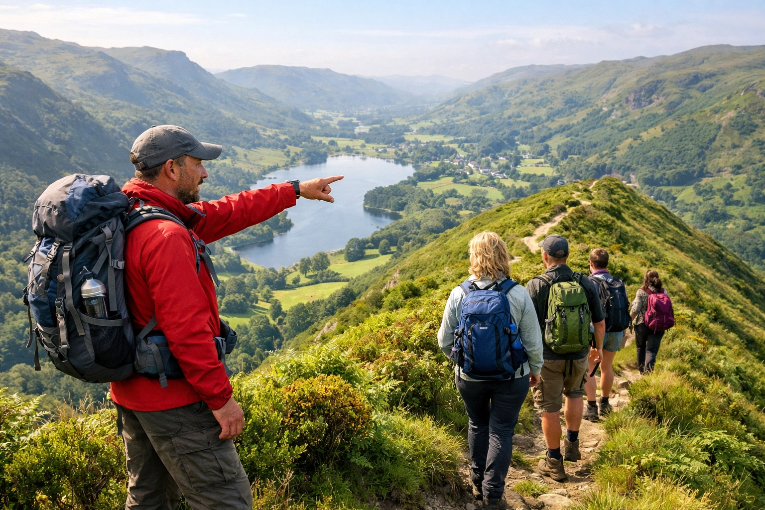 Professional guide leading a small group on a scenic guided hiking tour in the UK.