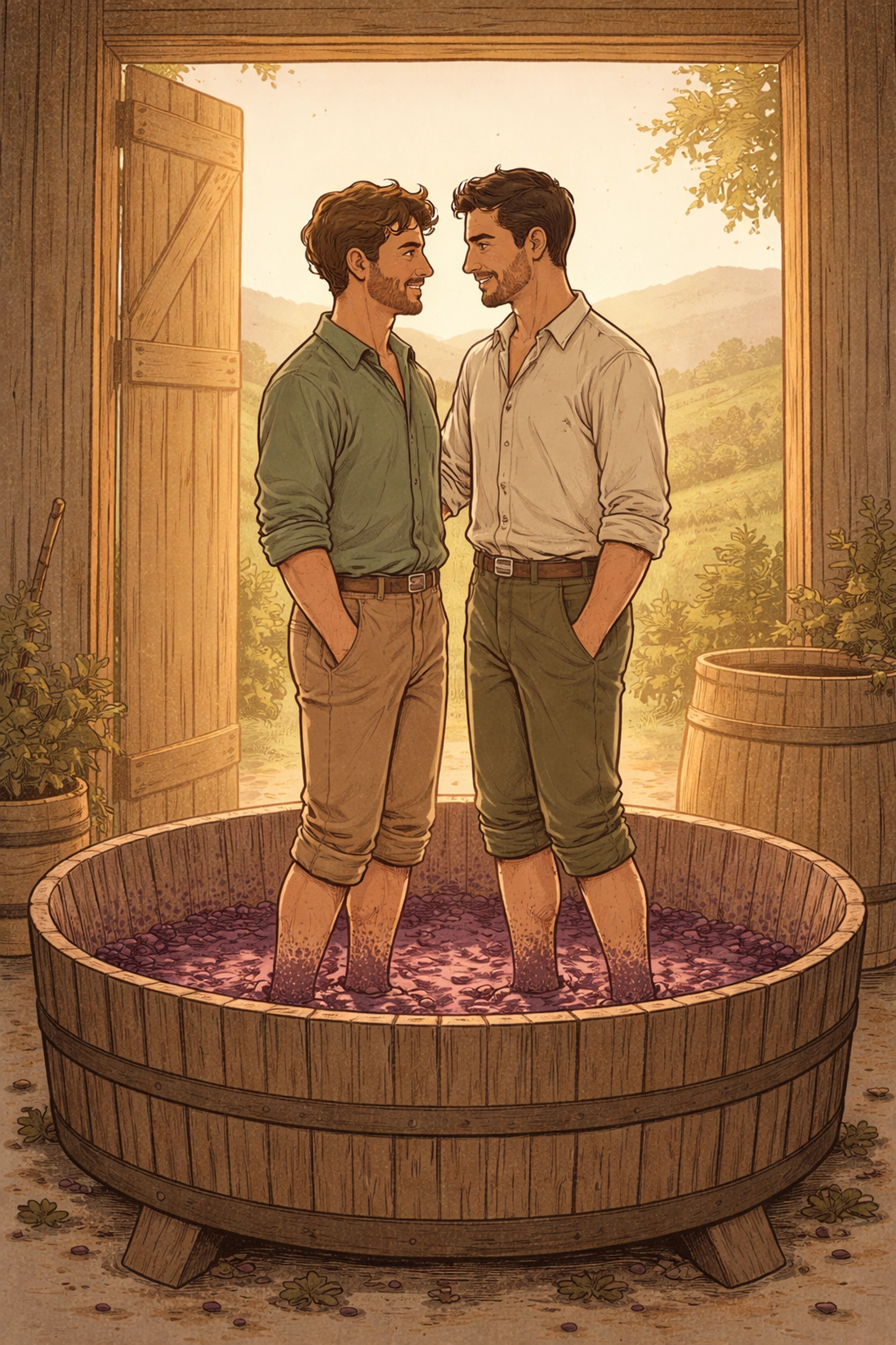 Two men stand barefoot in a grape press sharing an intimate glance, with Tuscan vineyard hills behind them.
