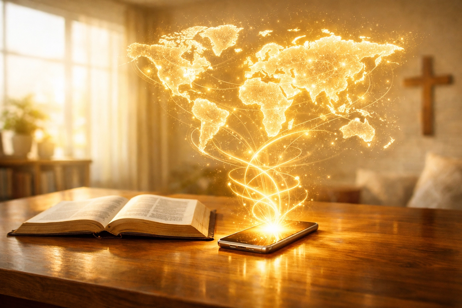 Open Bible and glowing smartphone displaying a world map to symbolize global digital ministry.
