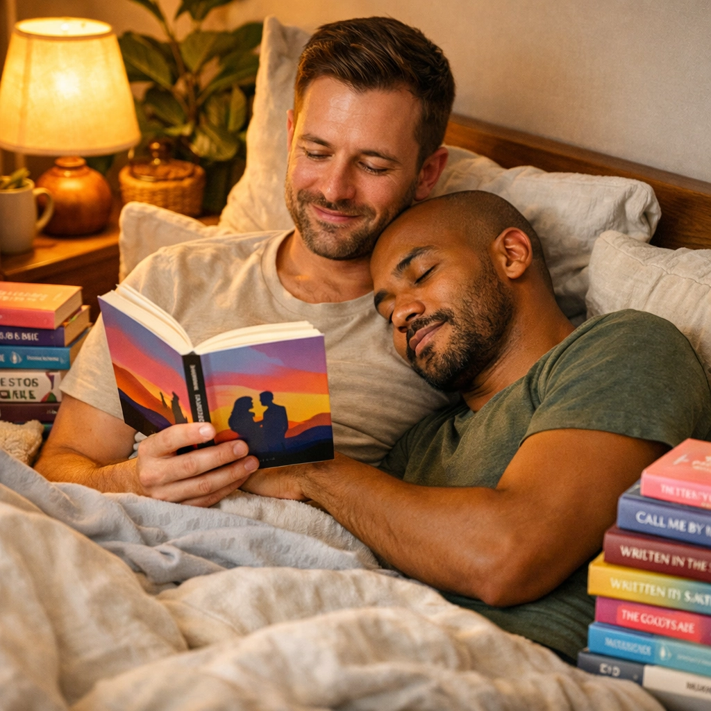 Gay couple reading MM romance books and queer fiction together in a cozy, sunlit bedroom.