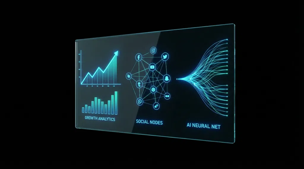 Digital Marketing AI Integration Digital display illustrates growth analytics, interconnected social media nodes, and an AI neural network, showcasing how data-driven insights and artificial intelligence integrate with digital marketing strategies to optimize organizational performance and employee engagement.