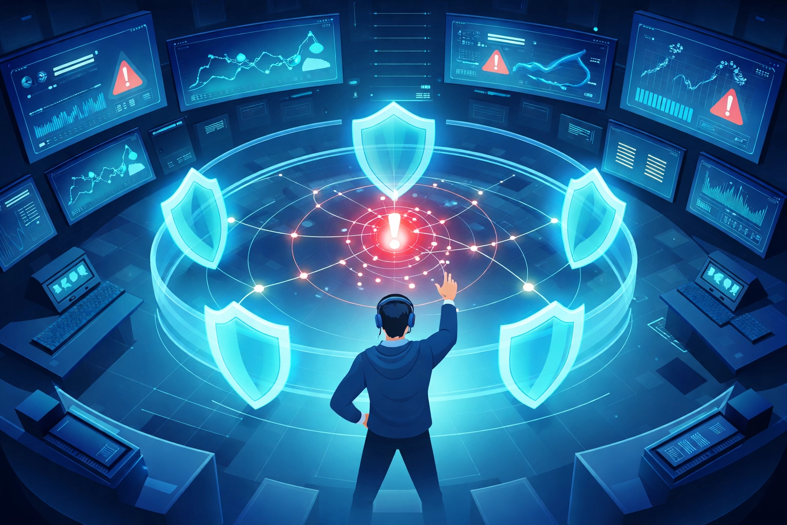 IT professional in a command center monitoring network threats, highlighting managed IT services' rapid response in Florida