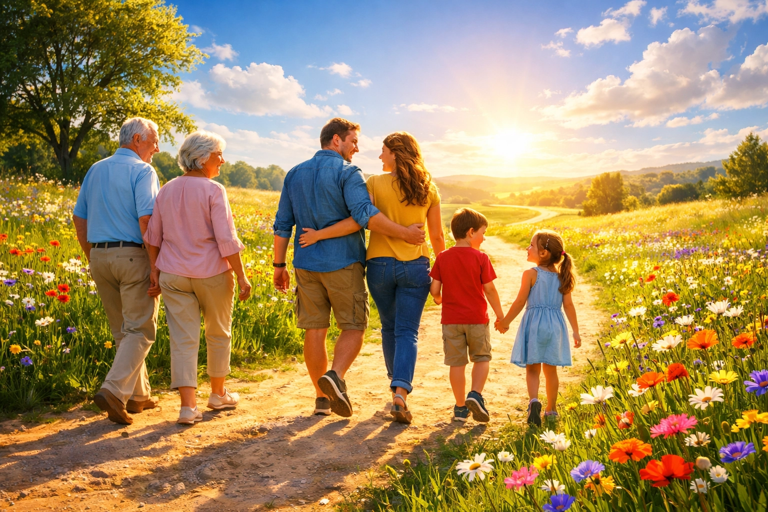 A multi-generational family walking through a meadow, showing a journey of growing in faith with Jesus.