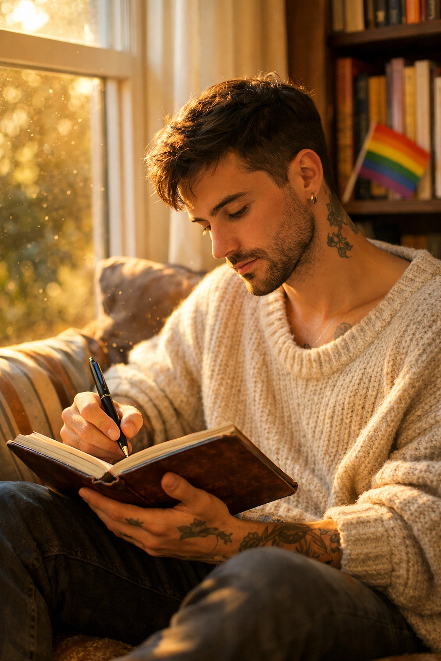 A gay man journaling in a sun-drenched room, reflecting on queer self-discovery and personal growth.
