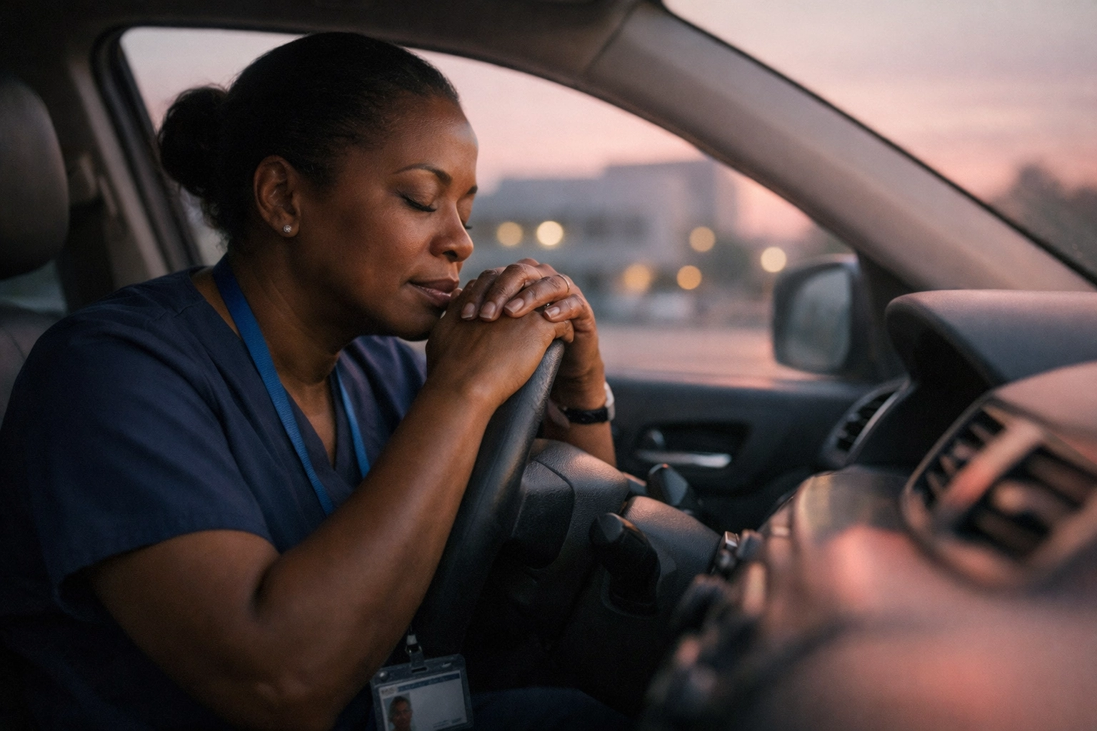Director of nursing experiencing invisible burnout, sitting alone in car before shift gathering strength