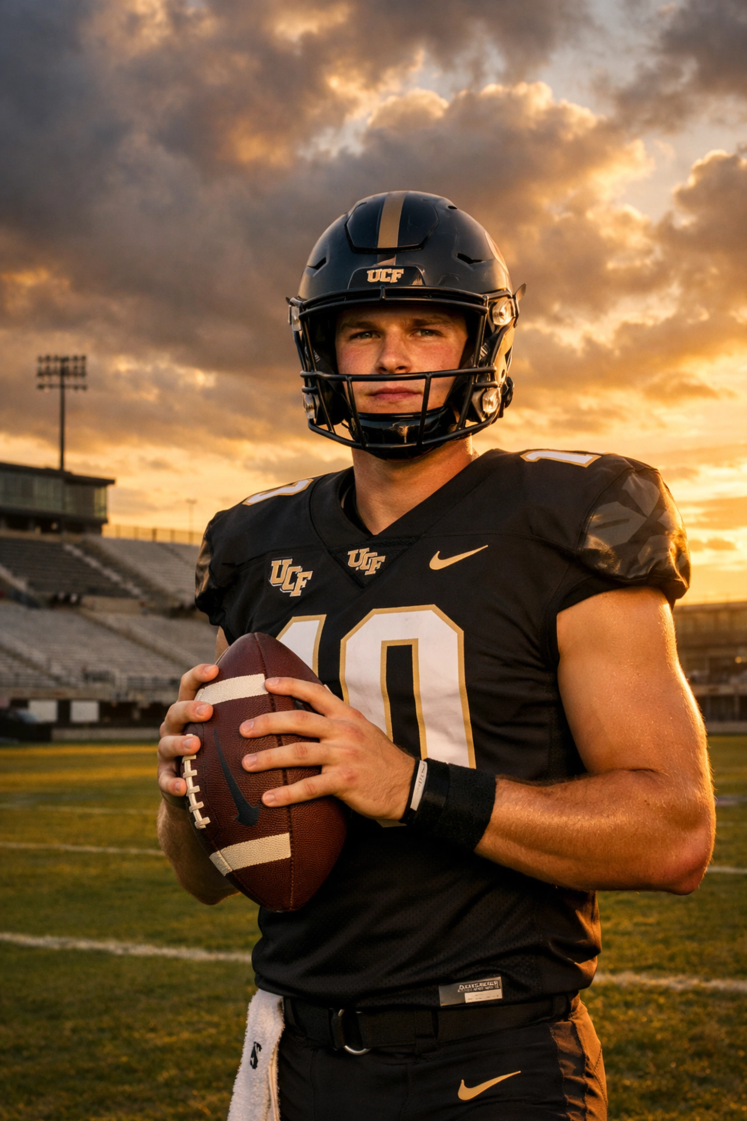 UCF Knights quarterback on practice field symbolizing roster rebuild under Scott Frost