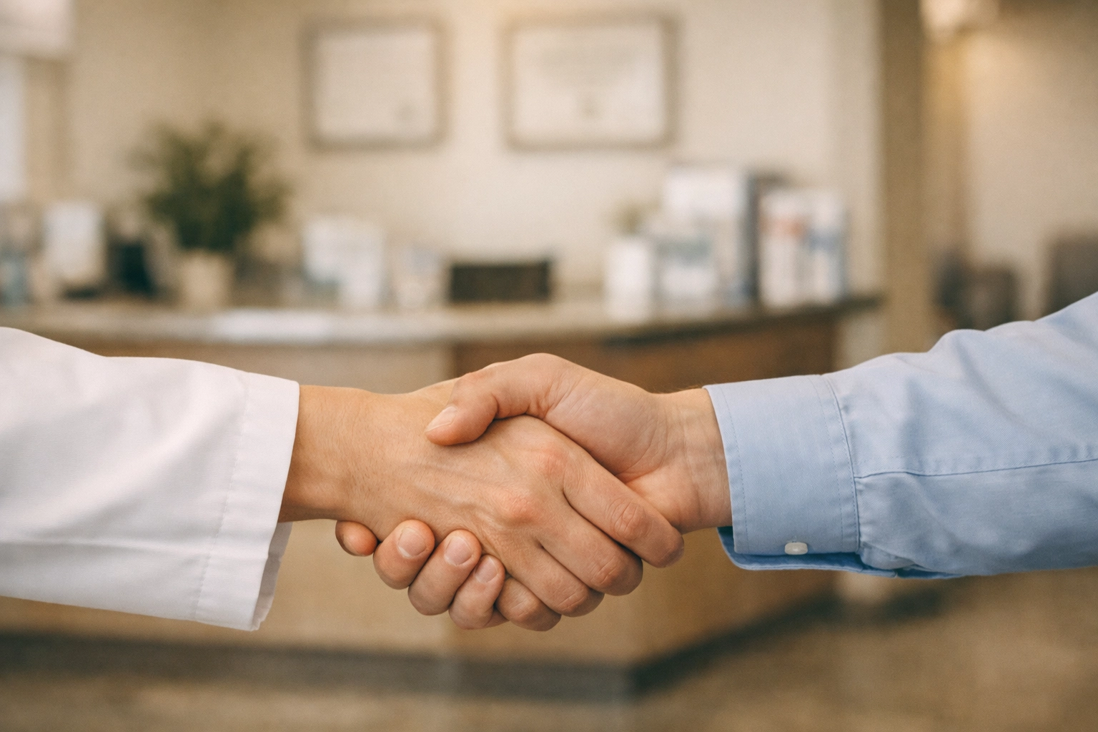 Successful healthcare practice hire handshake showing strategic staffing partnership