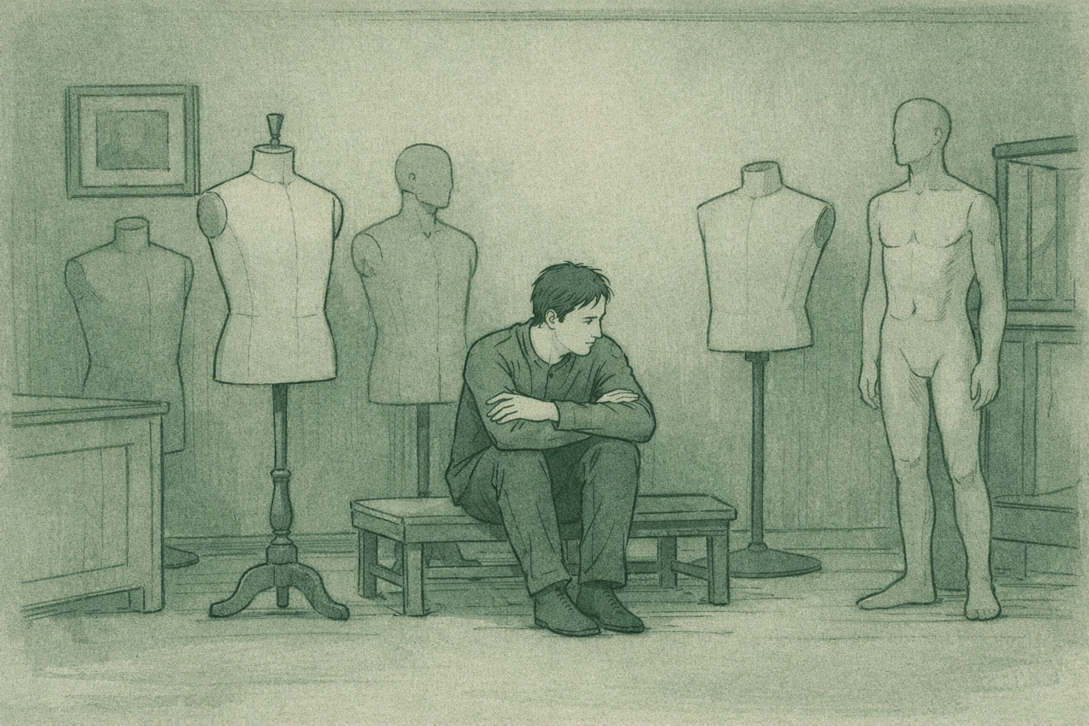 Man alone with mannequin collection depicting solitude in LGBTQ+ psychological romance novel