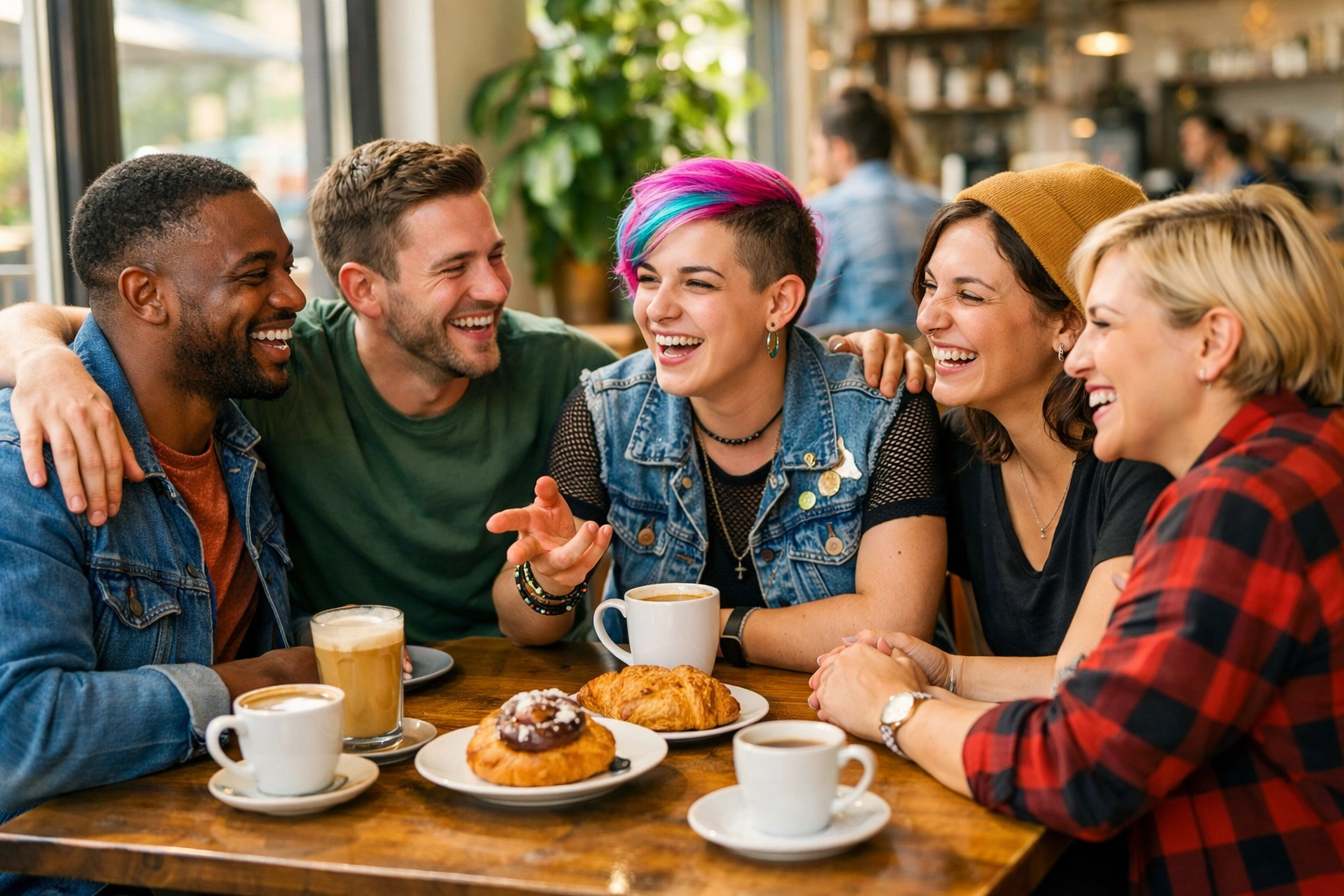 LGBTQ+ community gathering at welcoming café for coffee and conversation